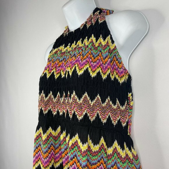 Vintage 70s Leslie J Maxi Halter Dress Size S Black Rainbow Knit Flame Stitch - Picture 6 of 9
